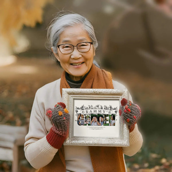 Older woman holding framed photo collage