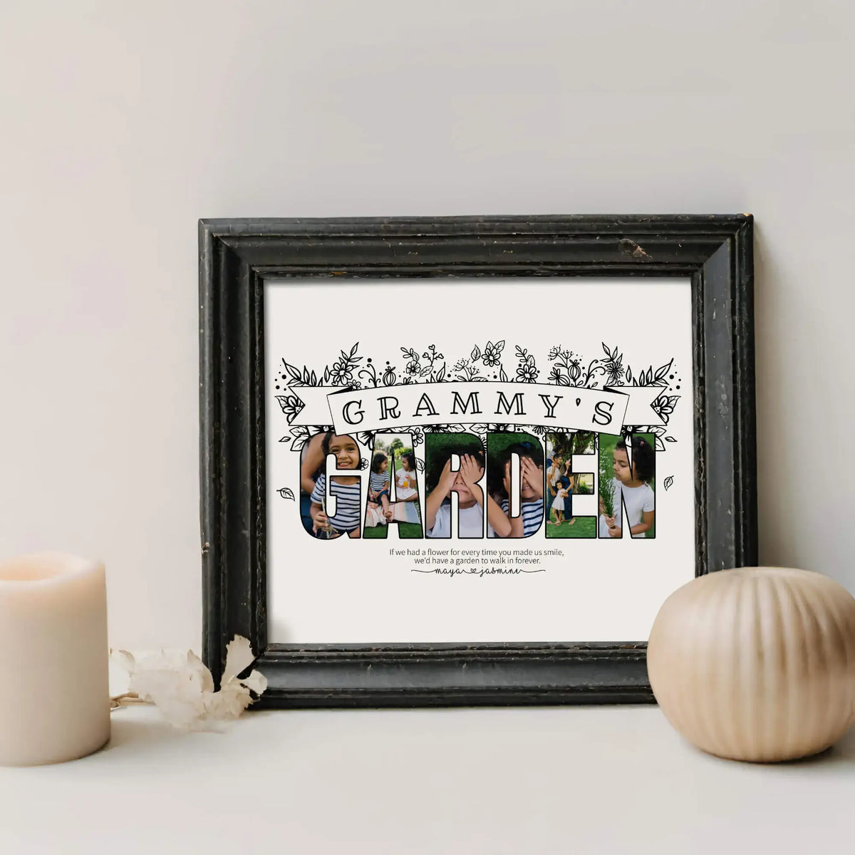 Framed Grammys Garden Photo Collage next to candle