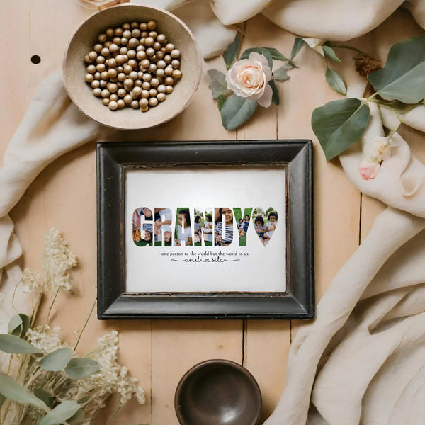 Grandy photo collage in black frame lying next to small bowl full of beads, and flowers.
