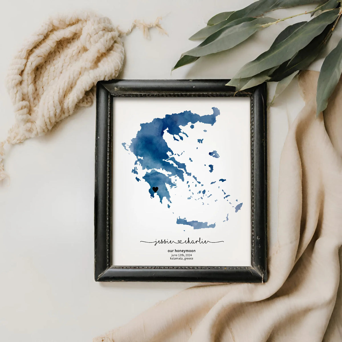 Blue Watercolour greek map in distressed black frame with boho props