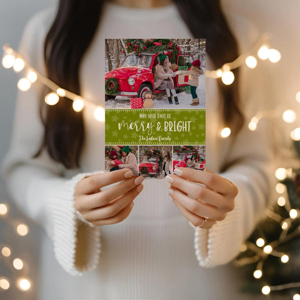 woman holding holiday photo card with string lights around