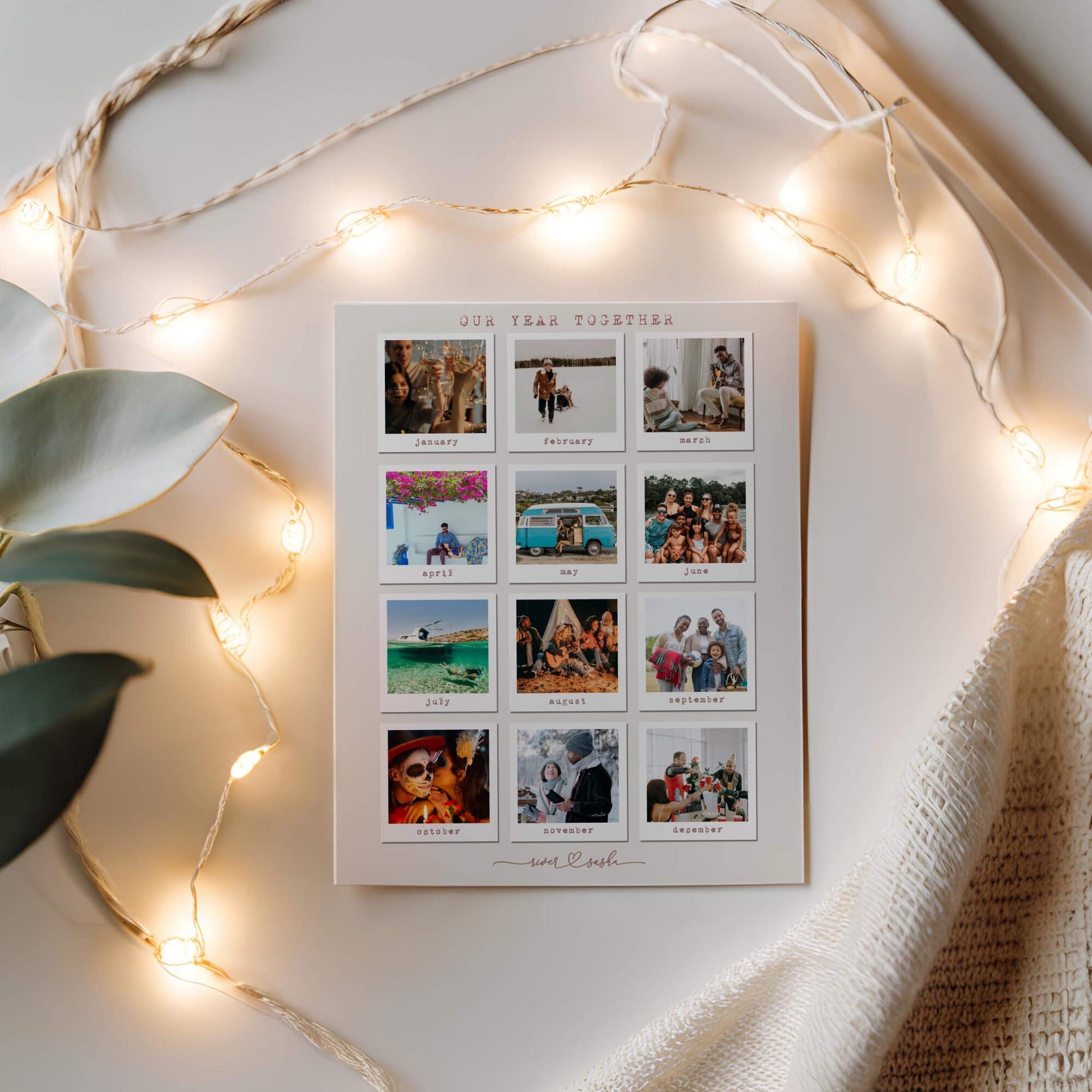 Print of 12 month photo collage with string lights around