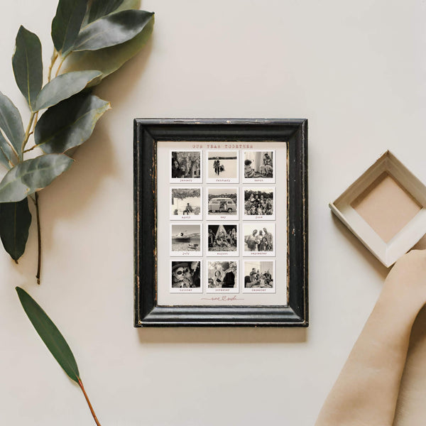 Photo collage in black frame next to leaves