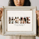 Woman with dark hair holding Paw Print Home Word Collage in distressed cream coloured frame