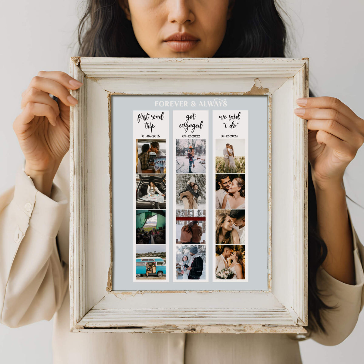 Woman holding framed photo collage