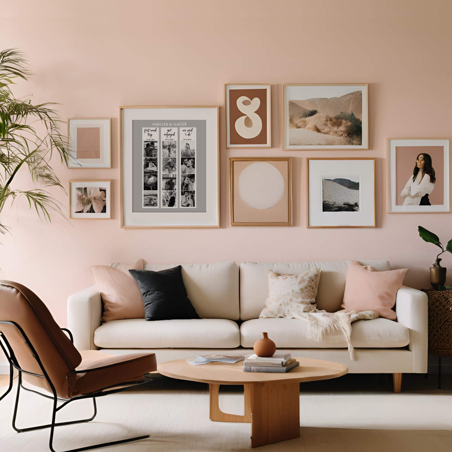 Light pink styled living room with gallery wall and frame photo strip collage