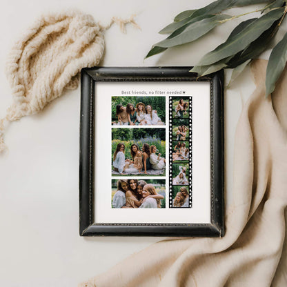 Framed film strip photo collage next to leaves