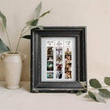 Photo collage in black frame next to vase