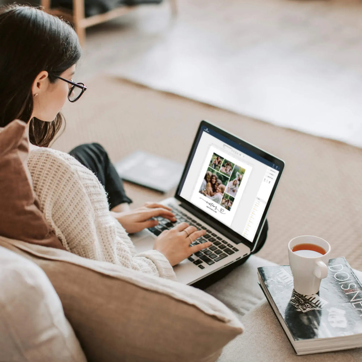 woman editing sisters photo collage template on laptop