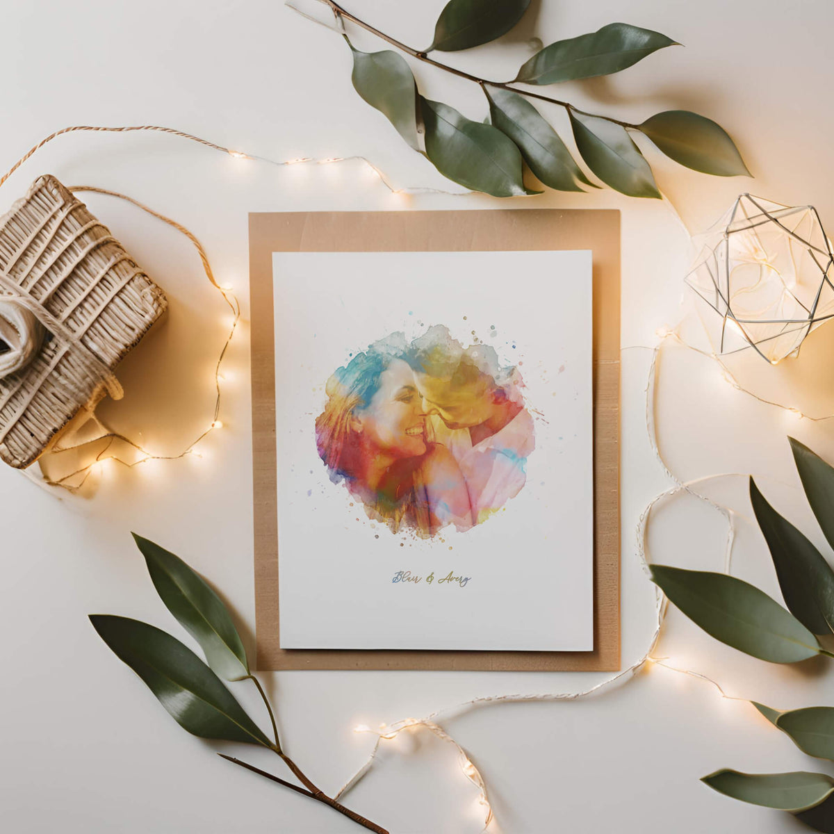 Print of digital watercolour portrait surrounded by string lights