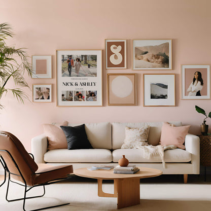 Styled living room with photo collage on gallery wall