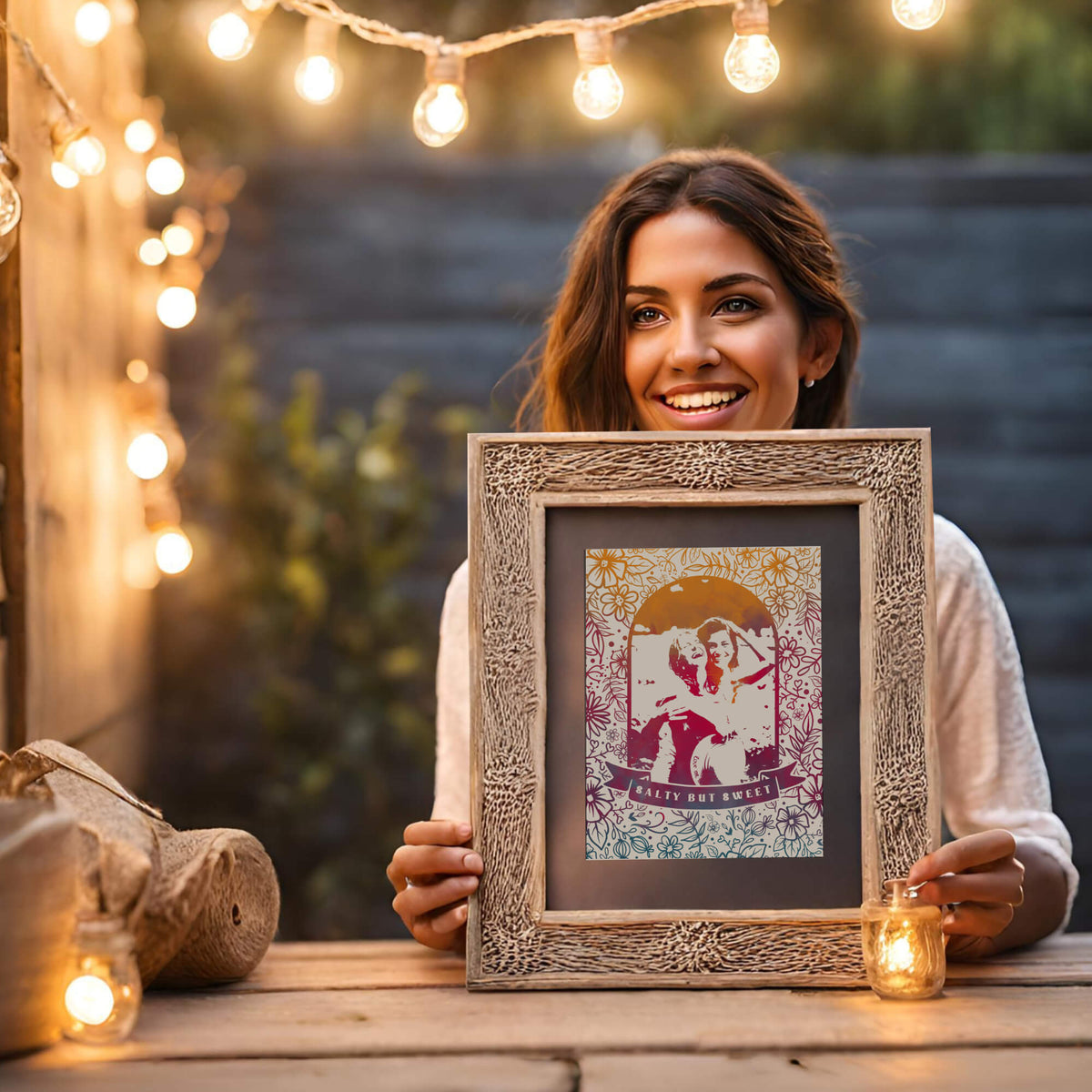 Woman holding framed floral pop art portrait outside beneath stringlights