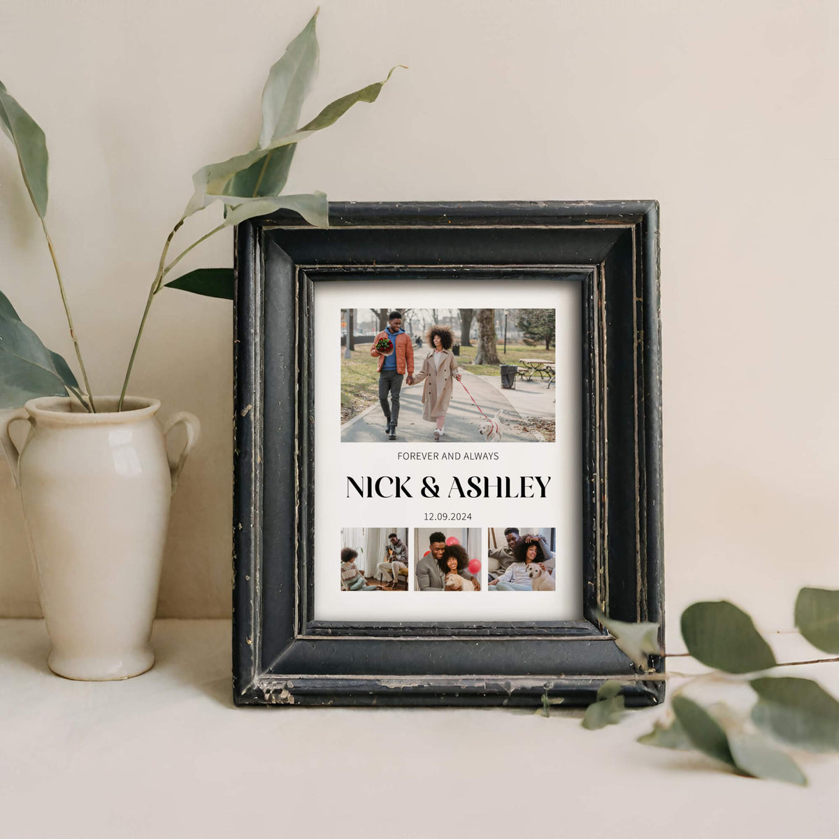 Photo collage in black frame next to vase