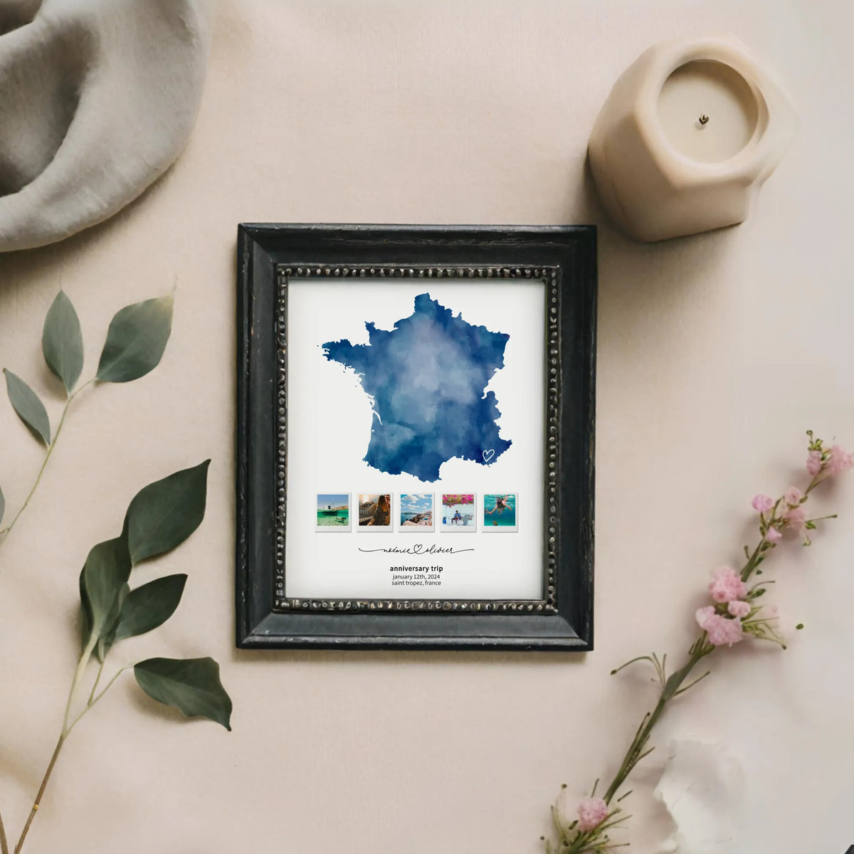 Blue Map of France in Distressed Black frame with floral props