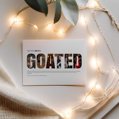 Printed goated photo collage surrounded by string lights