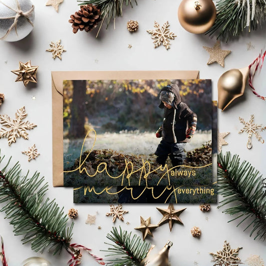 Editable Gold Glitter Merry Everything Christmas Photo Card by Playful Pixie Studio