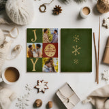 Holiday joy photo card front and back design on flat lay with winter props