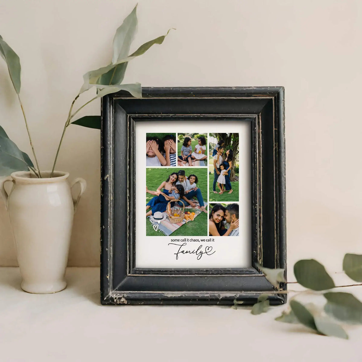 framed family photo collage next to vase