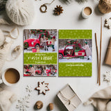 Holiday photo card displaying front and back laying on holiday display with winter props