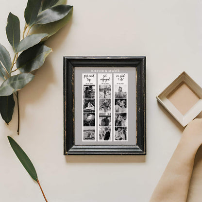 Photo strip collage template in black frame on flat lay next to branch