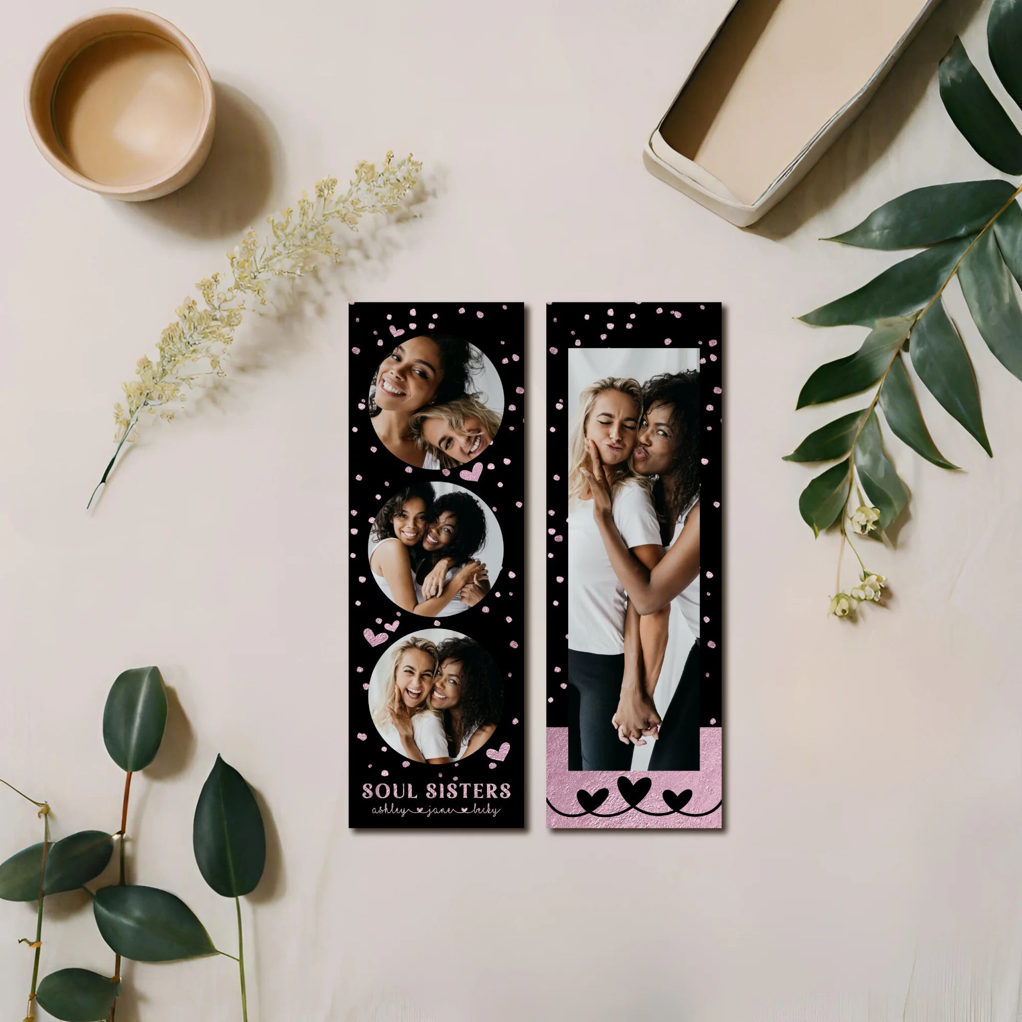 Editable Pink Glitter Soul Sisters Photo Bookmark Template DIY Gift by Playful Pixie Studio