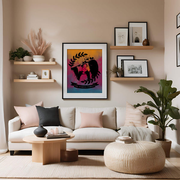 framed colourful portrait on living room wall