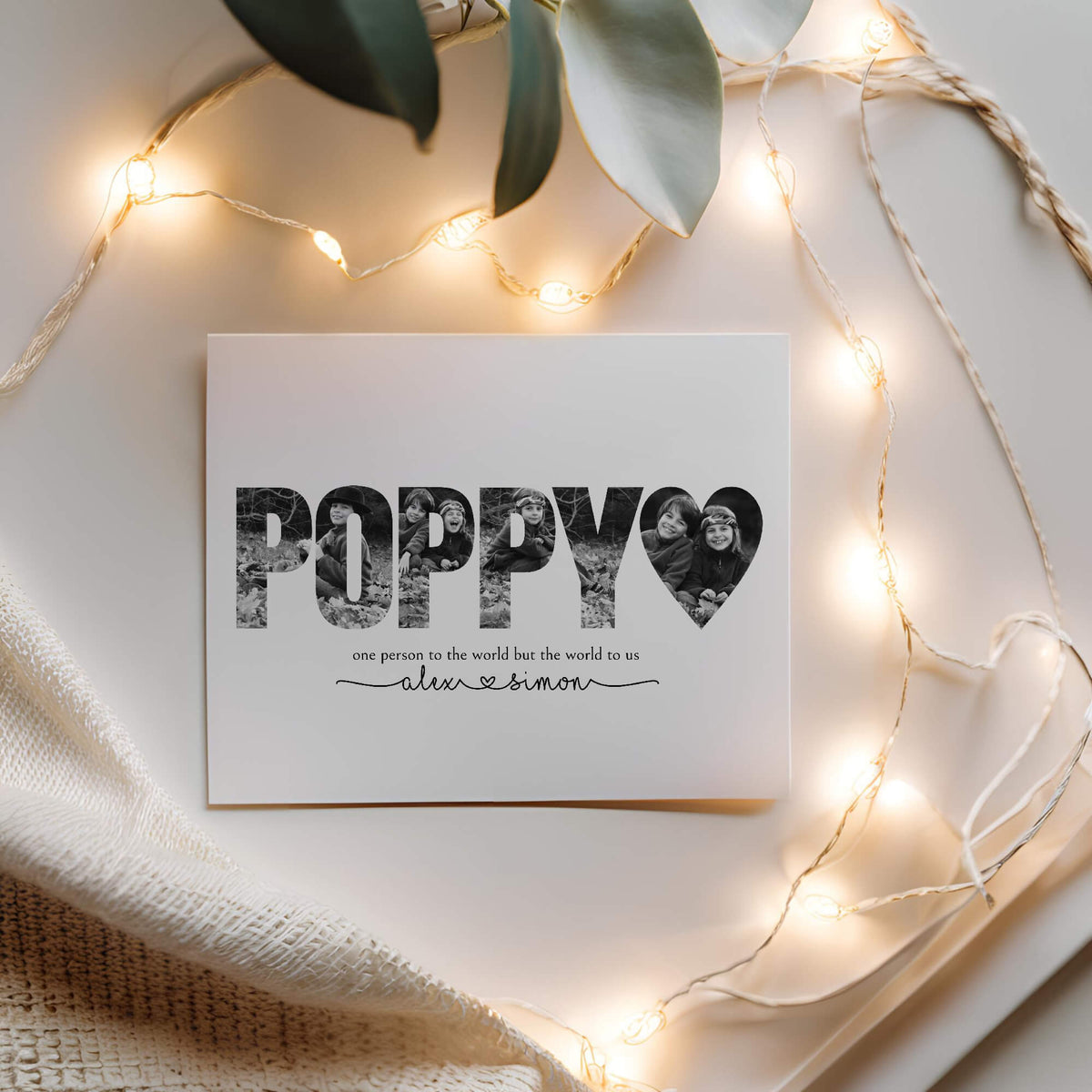 Poppy photo collage print surrounded by string lights