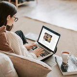 woman editing roommate photo collage template on laptop