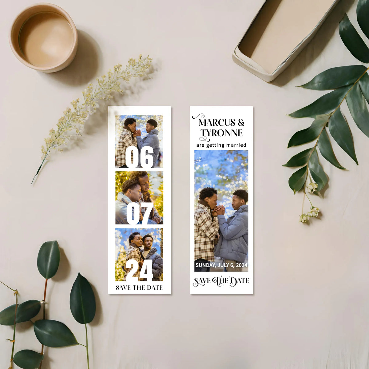 Editable Save the date trio photo bookmark template by Playful Pixie Studio