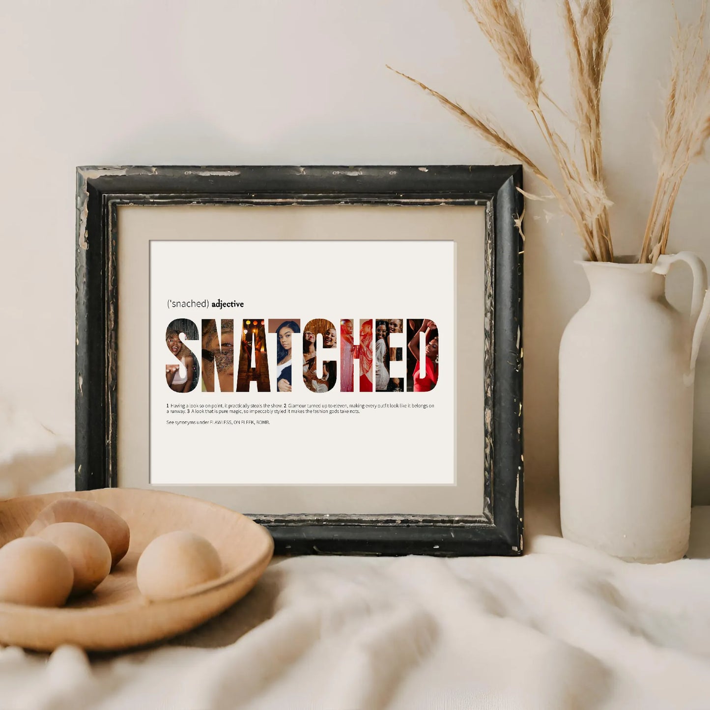 Snatched Word Art Collage in a black distressed frame with boho props