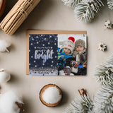 Navy holiday photo card on flat lay with winter props