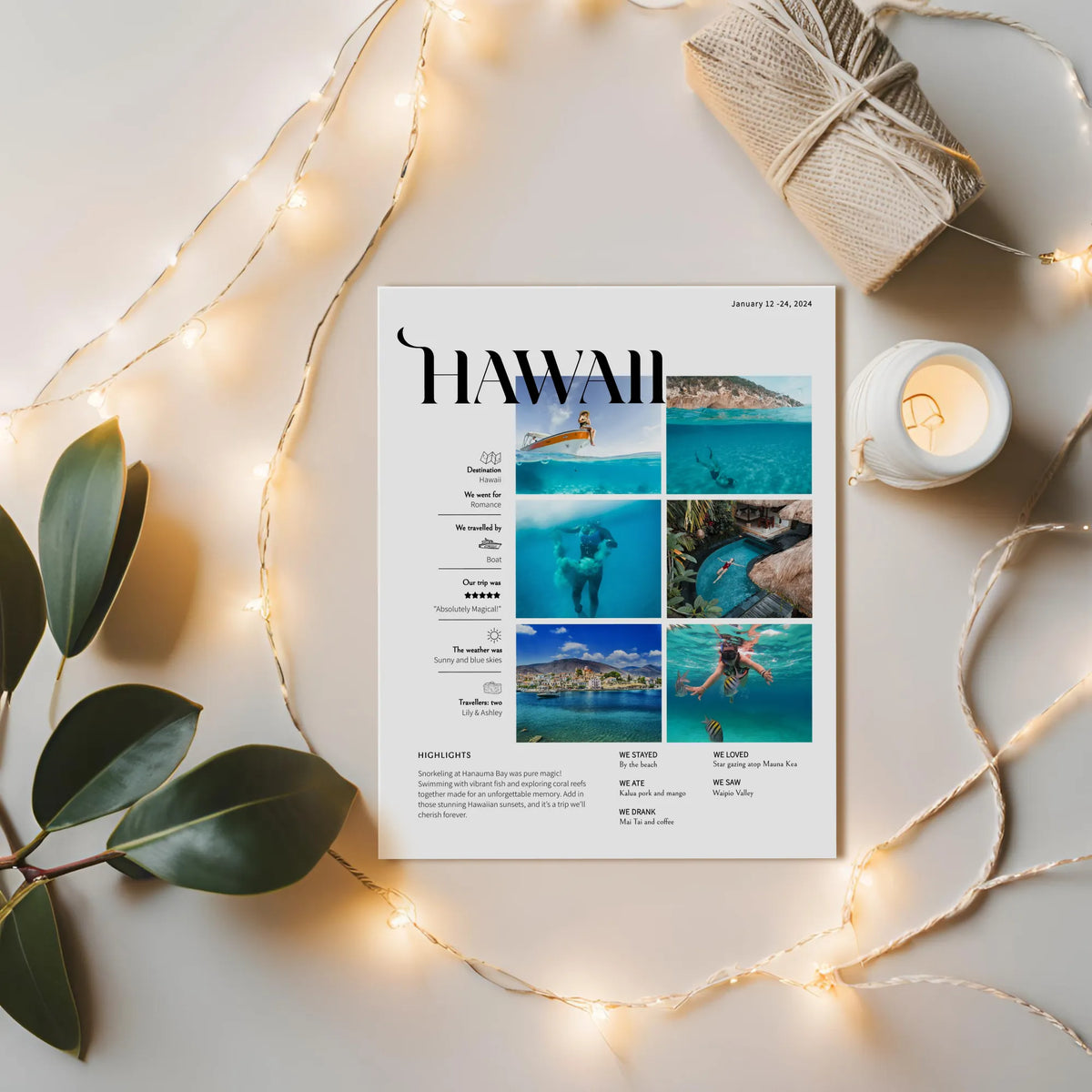 Photo collage of Hawaiian vacation on flat lay with string lights and props