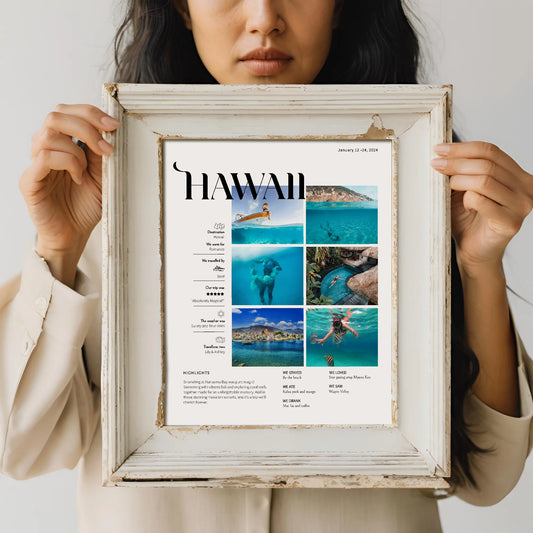 Woman holding distressed frame of photo collage of Hawaiian vacation