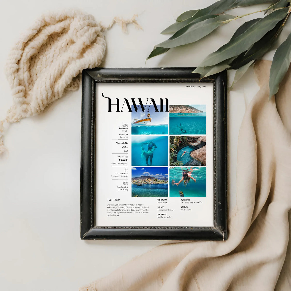 Photo collage of Hawaiian vacation on flat lay with props