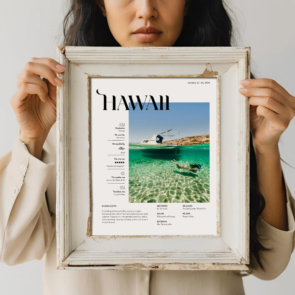 Woman holding distressed frame of photo collage of Hawaiian vacation