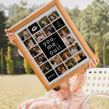 Woman holding framed you me oui photo collage outside