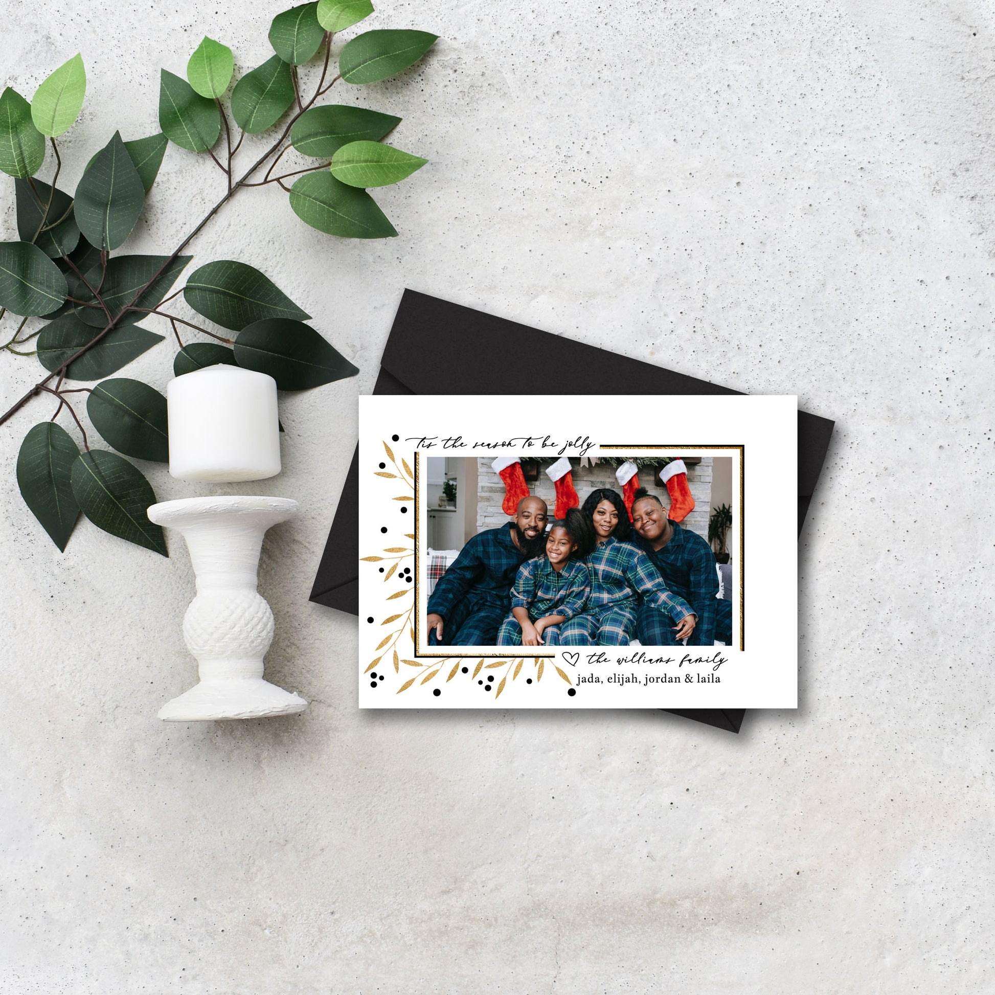 Easy DIY Tis the Season Holiday Photo Card Black and Gold Christmas Card on a Budget