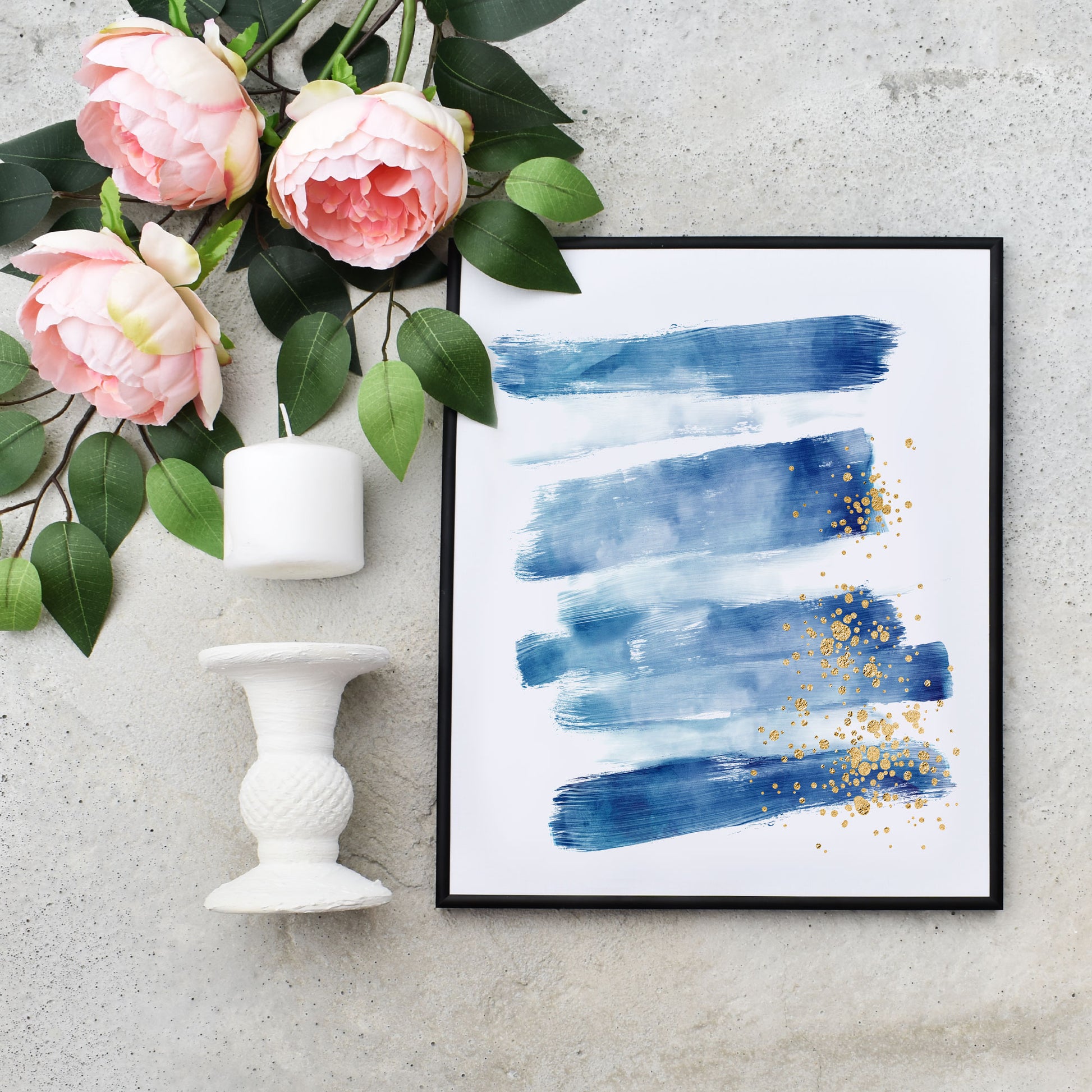 Blue Brushstrokes and Gold Splatter Abstract Printable Art