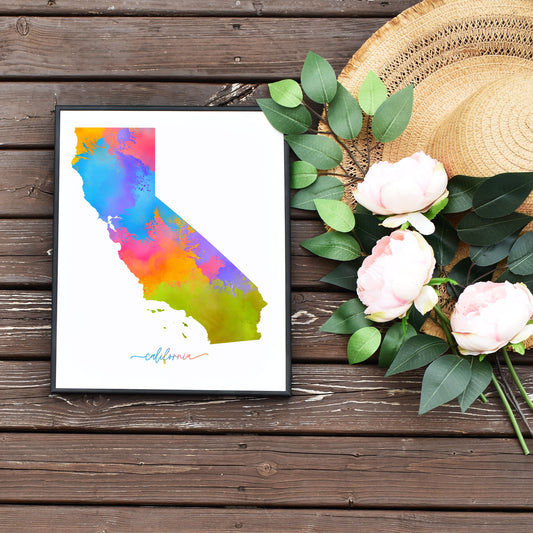 Easy Printable Rainbow California Map Poster by Playful Pixie Studio