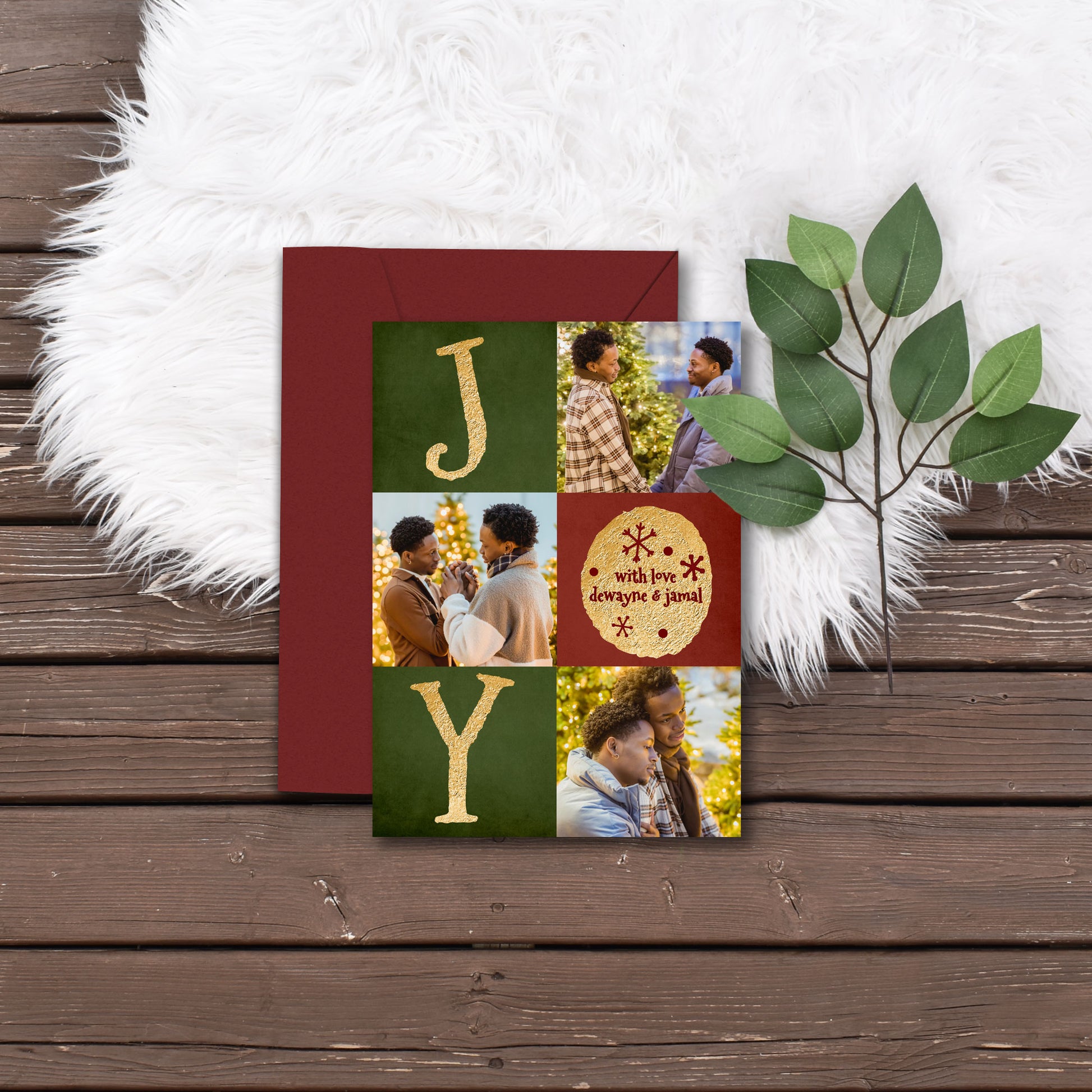Affordable Red Green and Gold JOY Holiday Photo Card Template Christmas Greeting on a Budget
