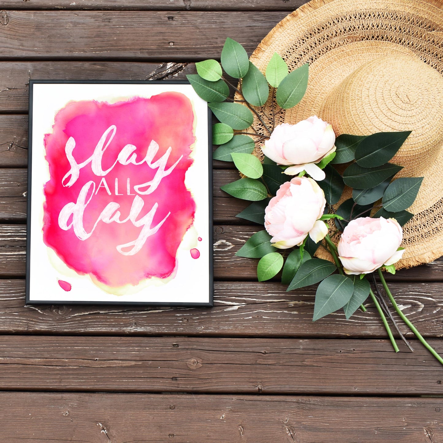 Pink Slay All Quick Pink Watercolor Quote Large Office Wall Art Printable Girl Boss Art