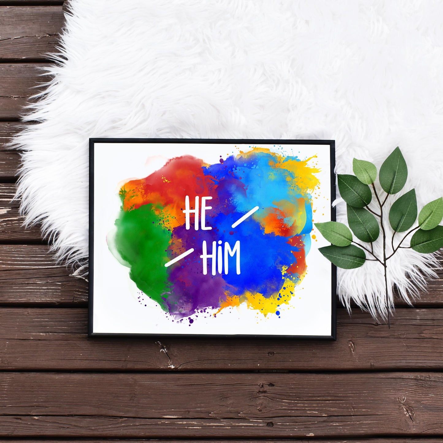 Rainbow He Him Pronouns Art Printable by Playful Pixie Studio