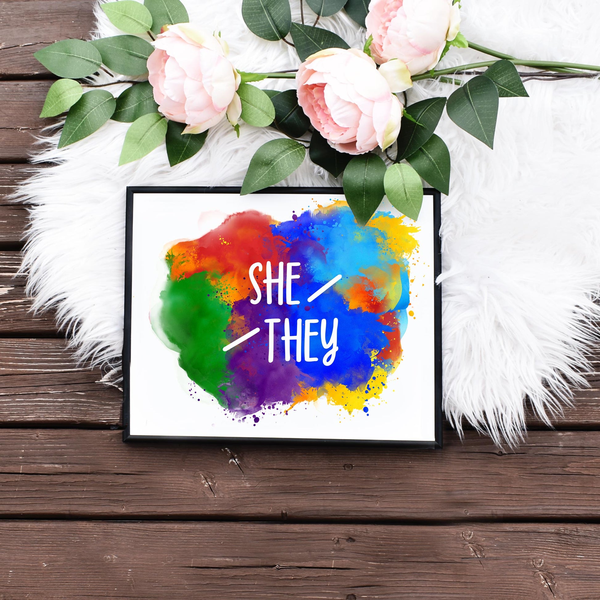 Rainbow She They Pronouns Art Printable by Playful Pixie Studio